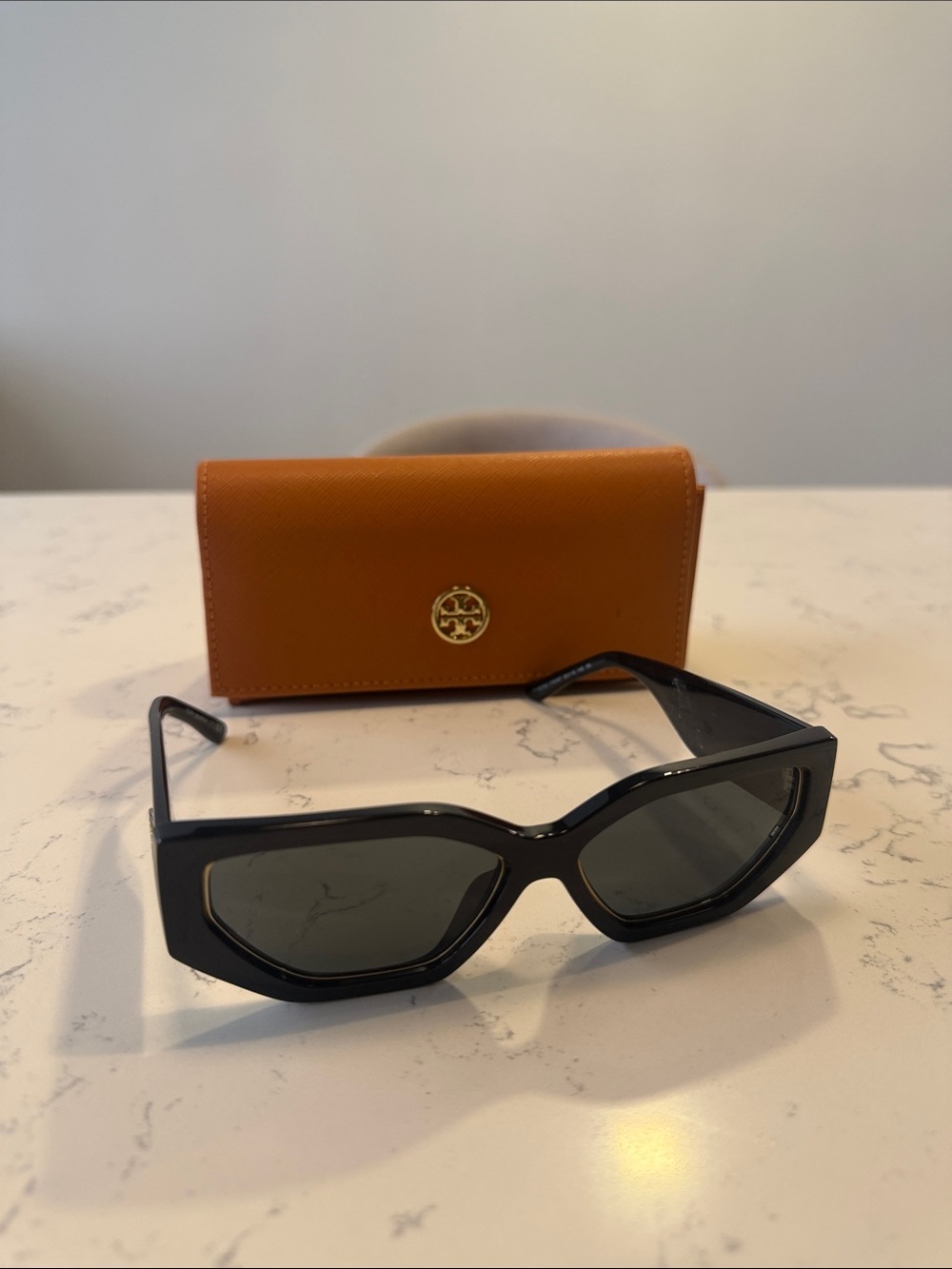 Tory Burch Black Angular Sunglasses with Tan Logo Case